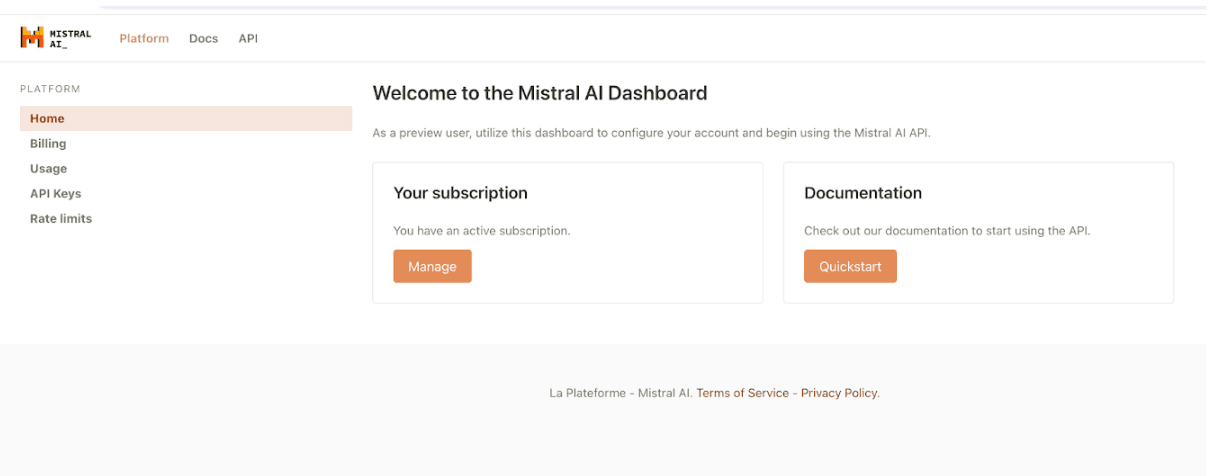 Mistral AI La plateforme subscription