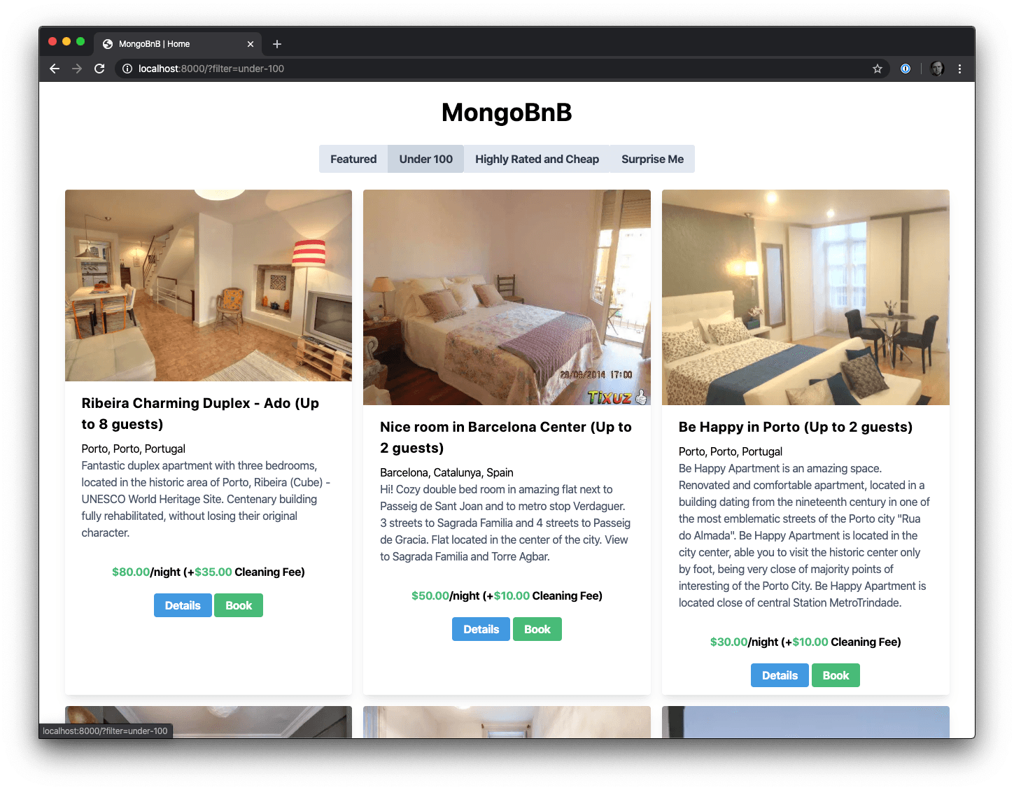 MongoBnB Homepage with Filters