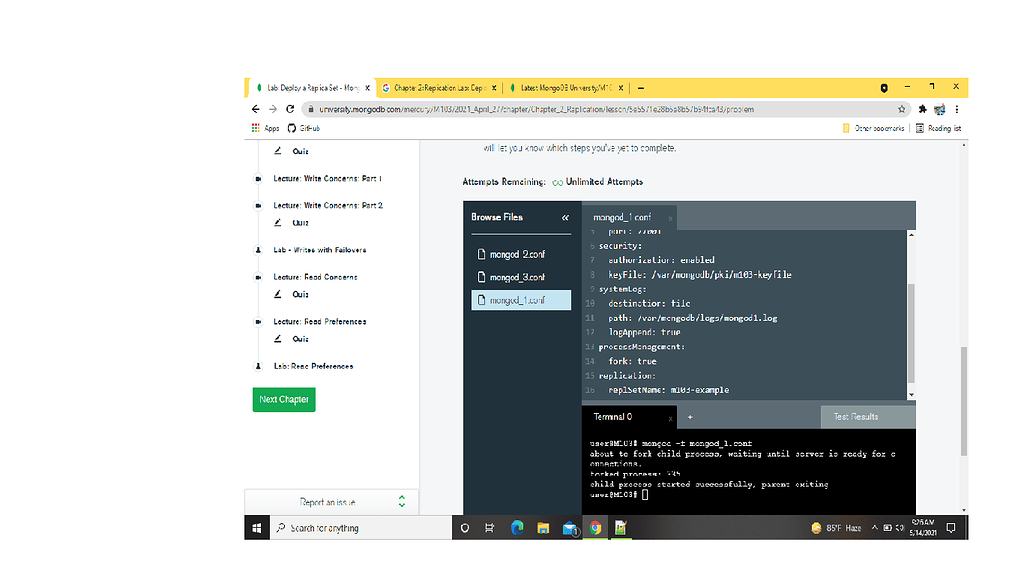 Unable to start mongod node 1 replicaset M103 [Lab