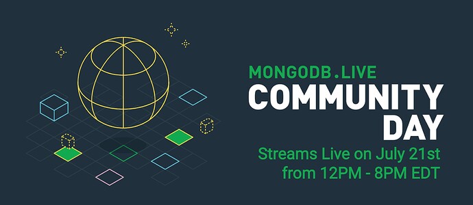 MongoDB Community Day Banner with date and time of event: July 21, 12pm - 8pm EDT