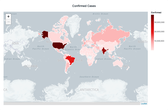 MongoDB Chart showing Confirmed Cases of Coronavirus in the world. A map is shown, with areas colored in to indicate severity of cases, ranging from less than ten million (lighter red) to over thirty million (darker red). Standout countries with highest cases are United States, India, and Brazil, respectively.