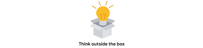 icon of a light bulb coming out of a box, text underneath reads "think outside the box"