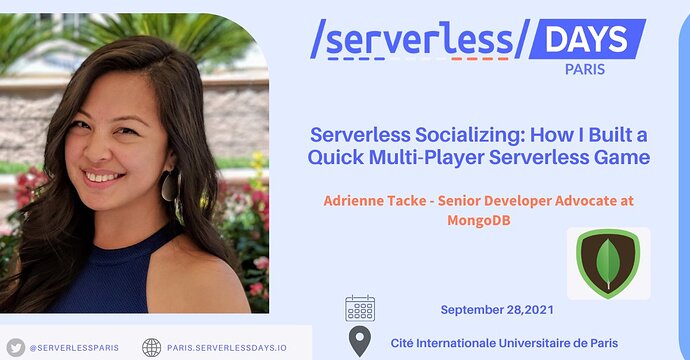 Speaker announcement card for Adrienne Tacke at ServerlessDays Paris. Happening on September 28, 2021. Talk title: Serverless Socializing: How I Built a Quick Multi-Player Serverless Game