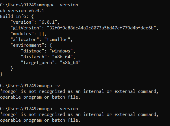 Mongo mongodb Command Not Working And Environment Variable Path Is Also 