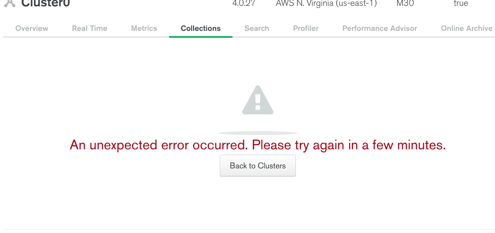 An Unexpected Error Occurred Please Try Again Later MongoDB Atlas 