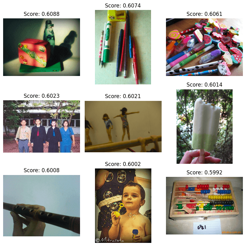 Uma grade de fotos de crianças, brinquedo ou coisas como borrachas coloridas.