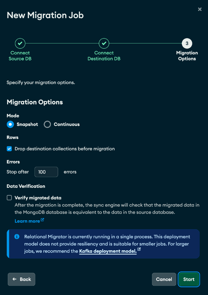 Fig X. Nova tarefa de migração, menu de opções de migração.
