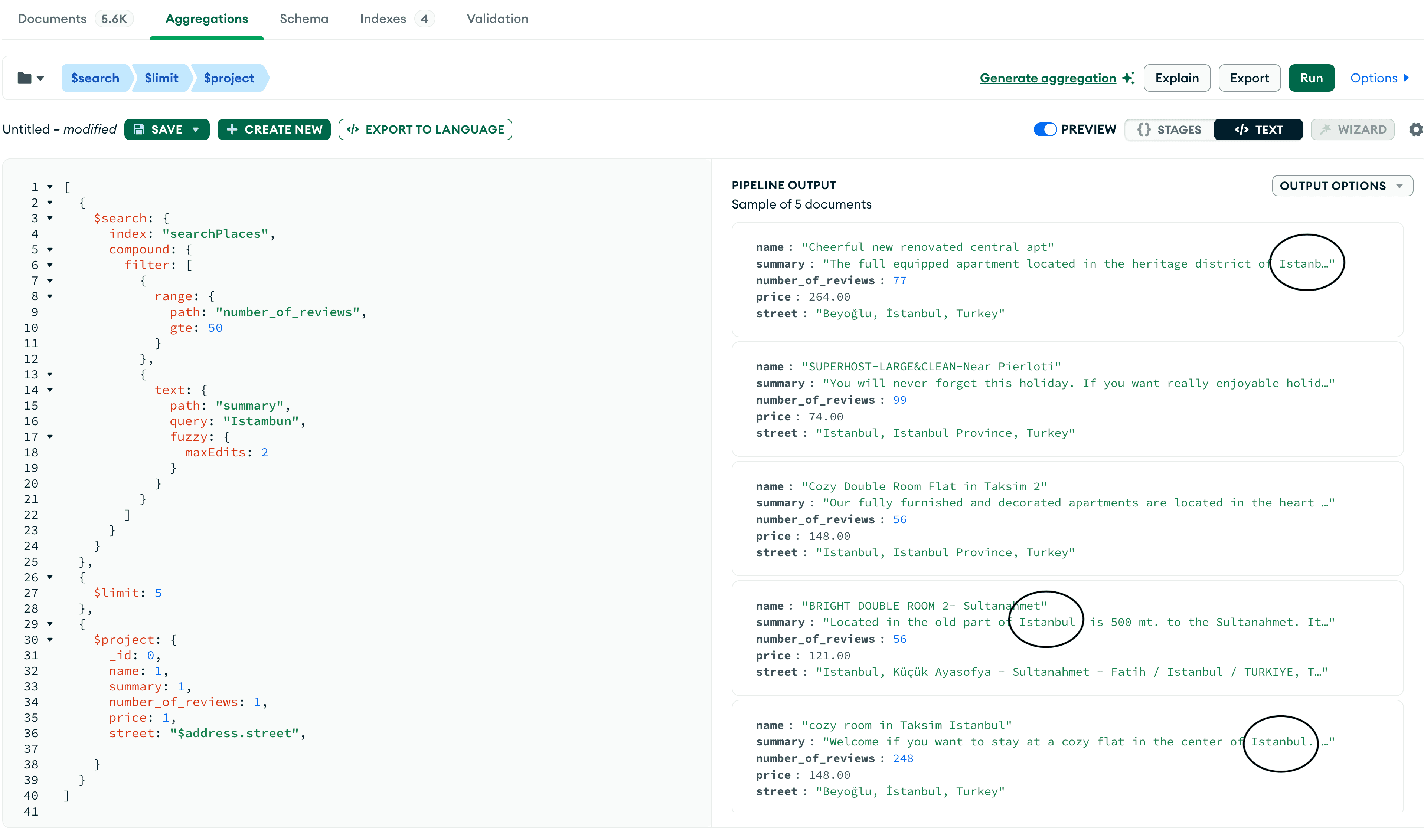 Captura de tela demonstrando o MongoDB Compass com um aggregation pipeline executado