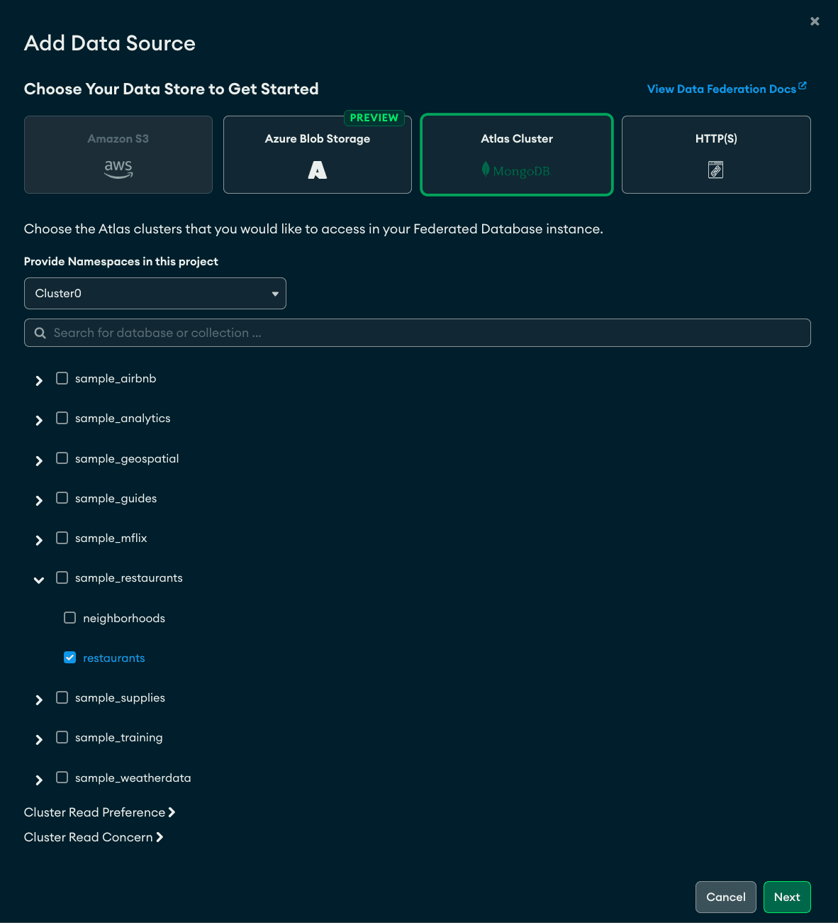 A tela Adicionar fonte de dados mostra o MongoDB Atlas Cluster selecionado, junto com nossa collection restaurantes.