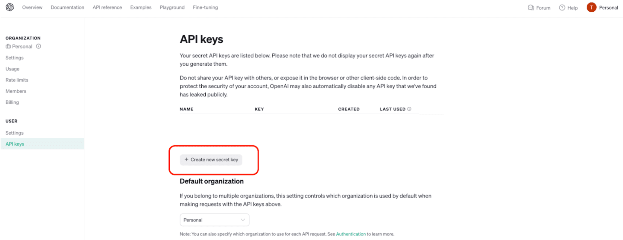 how to create a new API key