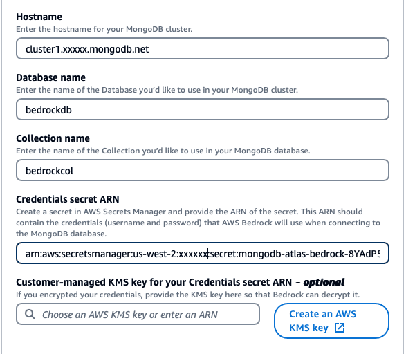 Detalhes de configuração do MongoDB Atlas Vector como uma base de conhecimento