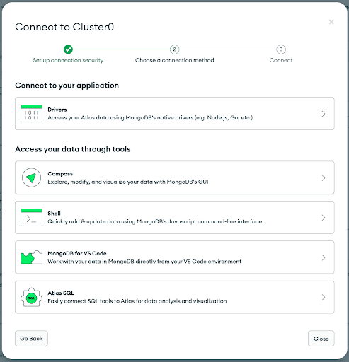 Janela do modal fornecendo informações sobre como acessar um sistema do MongoDB Atlas