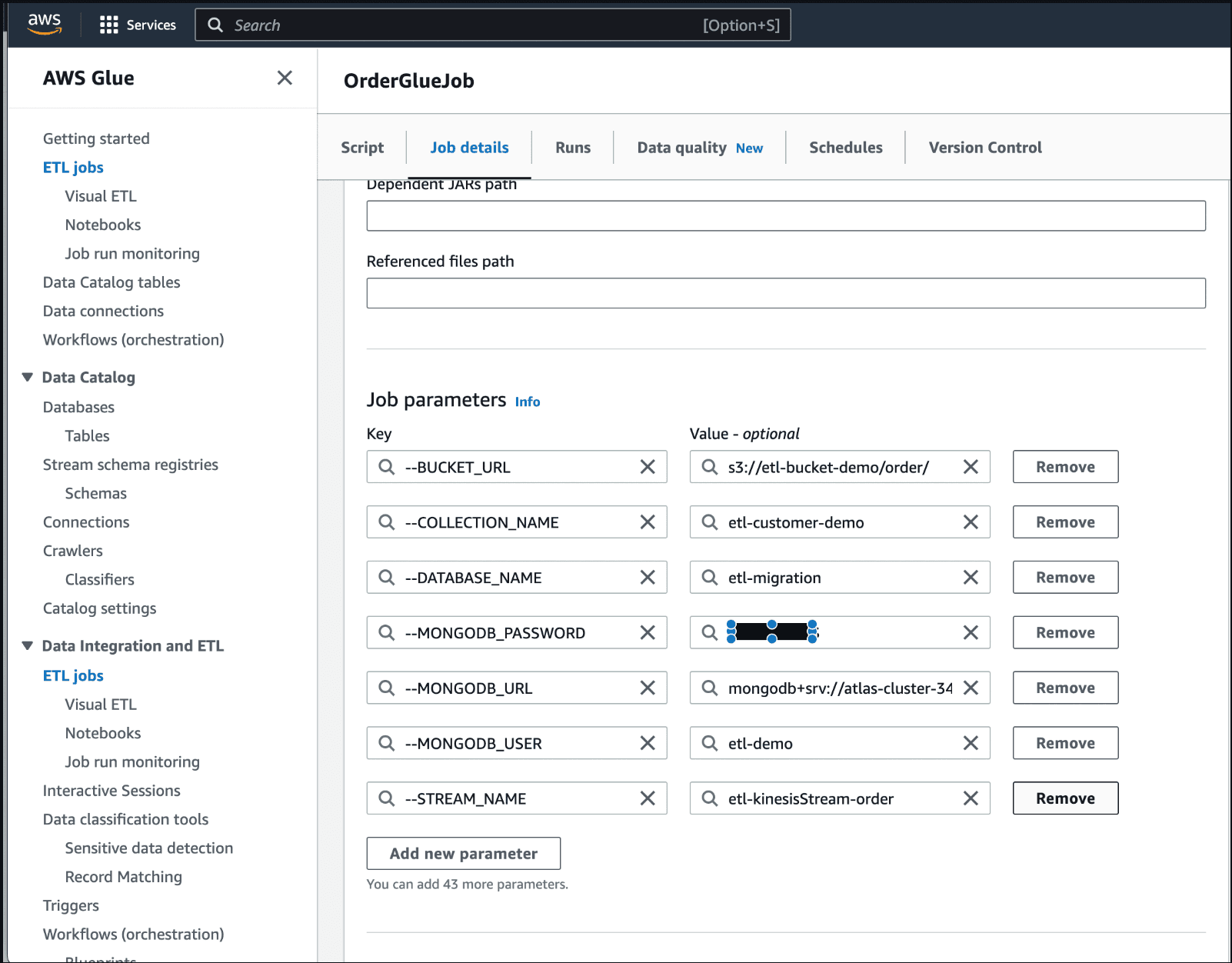 Parâmetros do AWS Glue