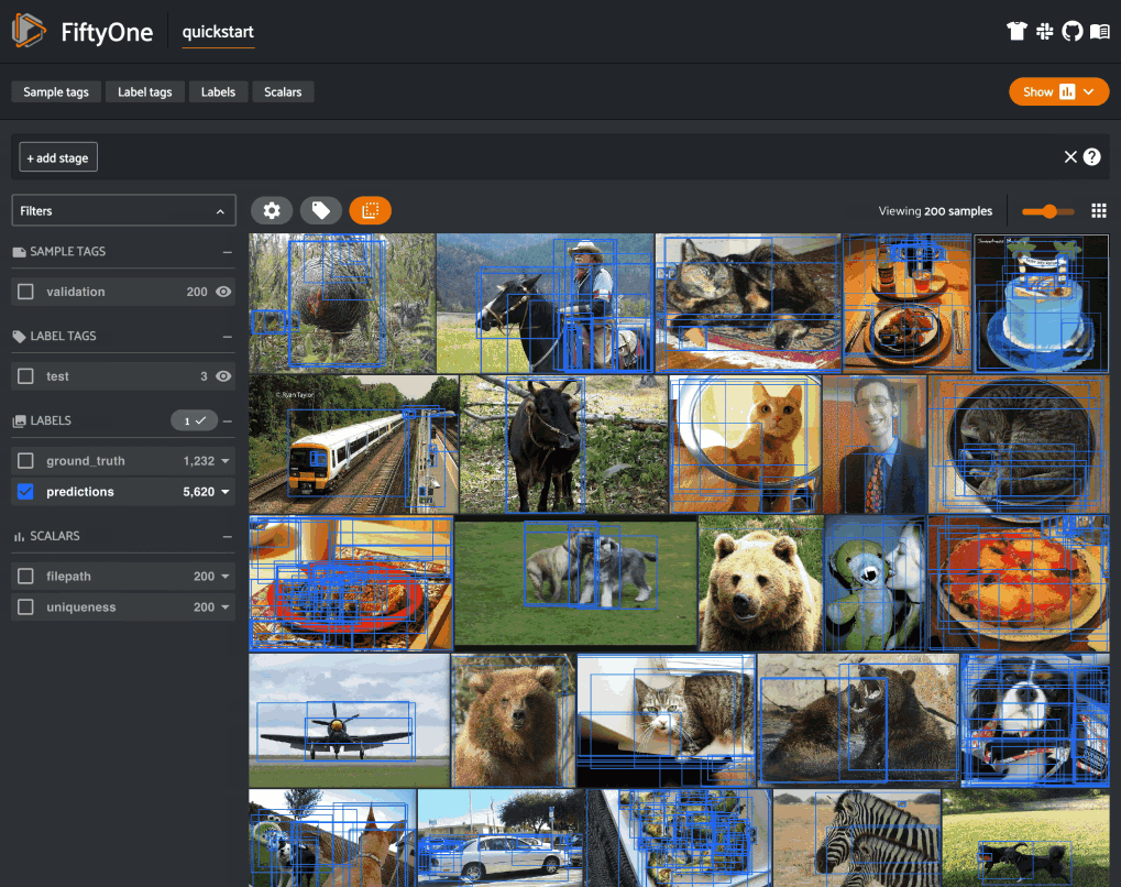 Filtering a demo image dataset by class label and prediction confidence score in the FiftyOne App.