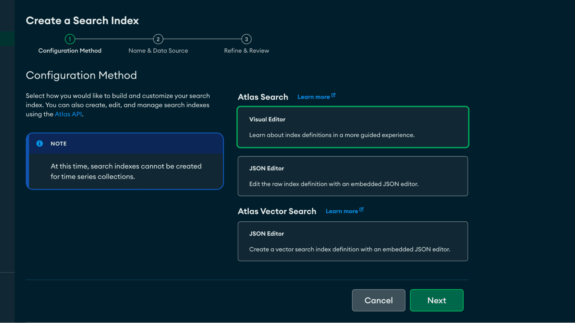 Screenshot representing the Atlas UI to create the Search indexes