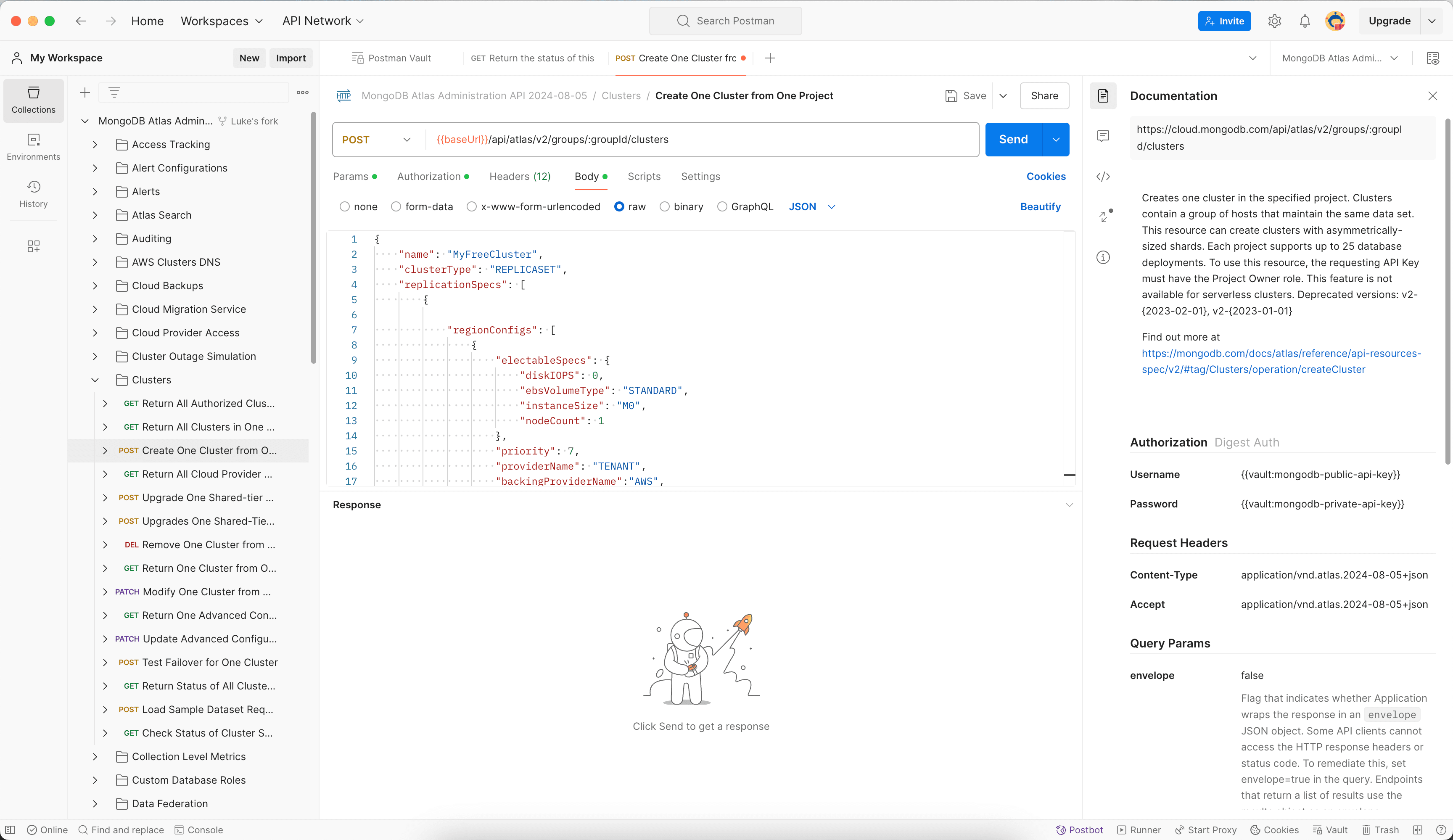 Screenshot of the 'Create One Cluster from One Project' request page. The user is currently on the body tab and has entered a body that describes a free M0 cluster. The user also has the documentation tab open on the right side.