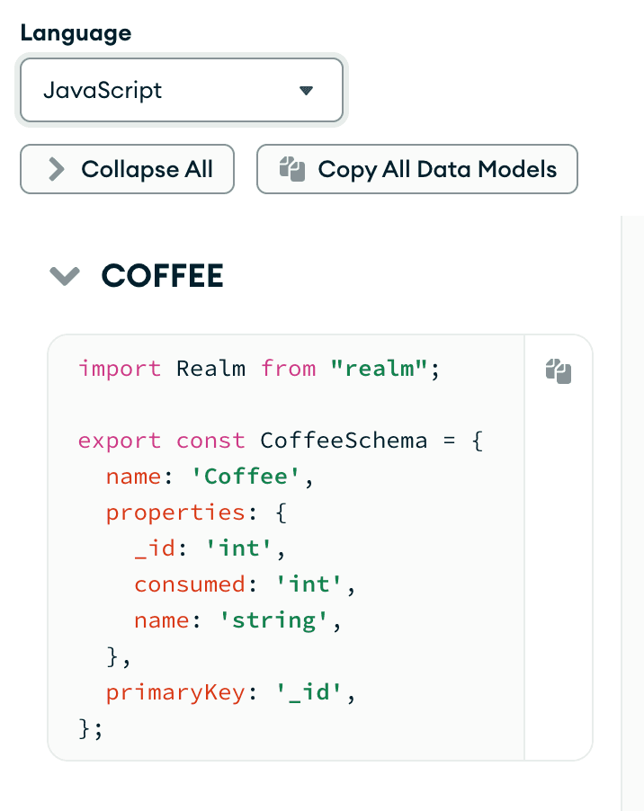 Modelo de dados gerado automaticamente em linguagem JS