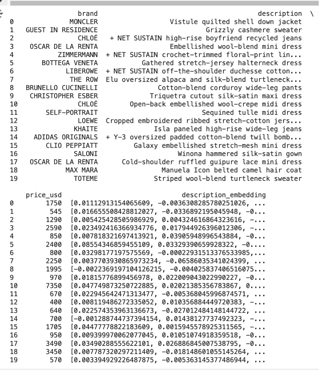 Nossos dados e a coluna descrição_embedding recém-incluída