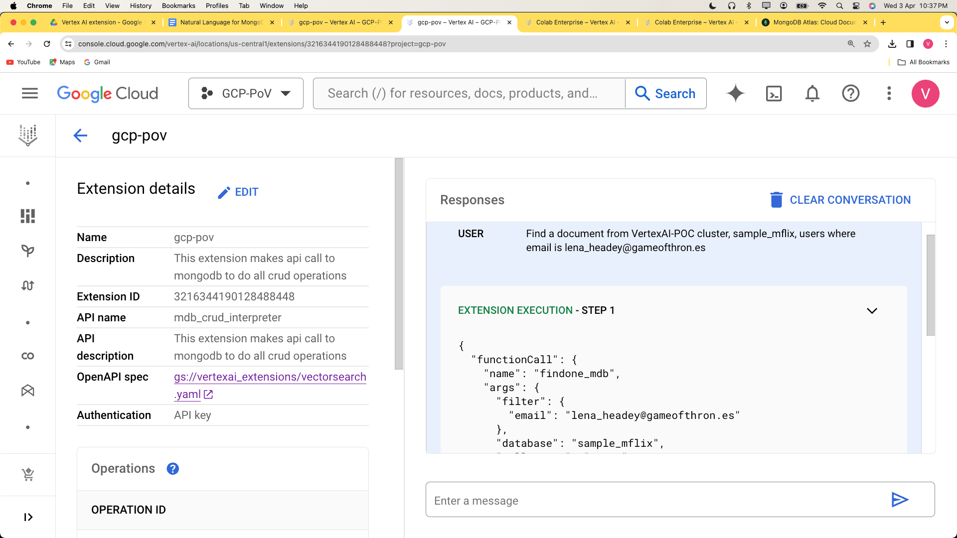 O LLM converte a linguagem natural de acordo com o esquema da extensão e executa a extensão