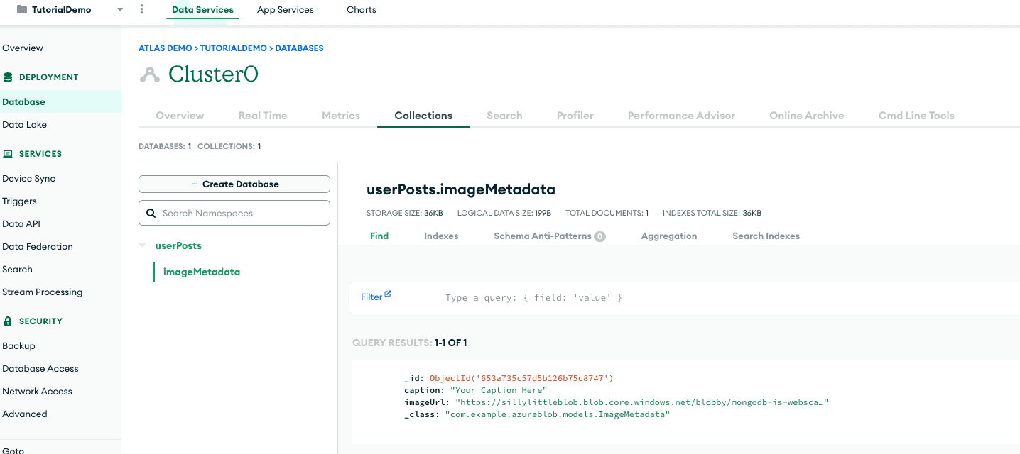 O Atlas do MongoDB mostra nosso documento de metadados armazenado na coleção.