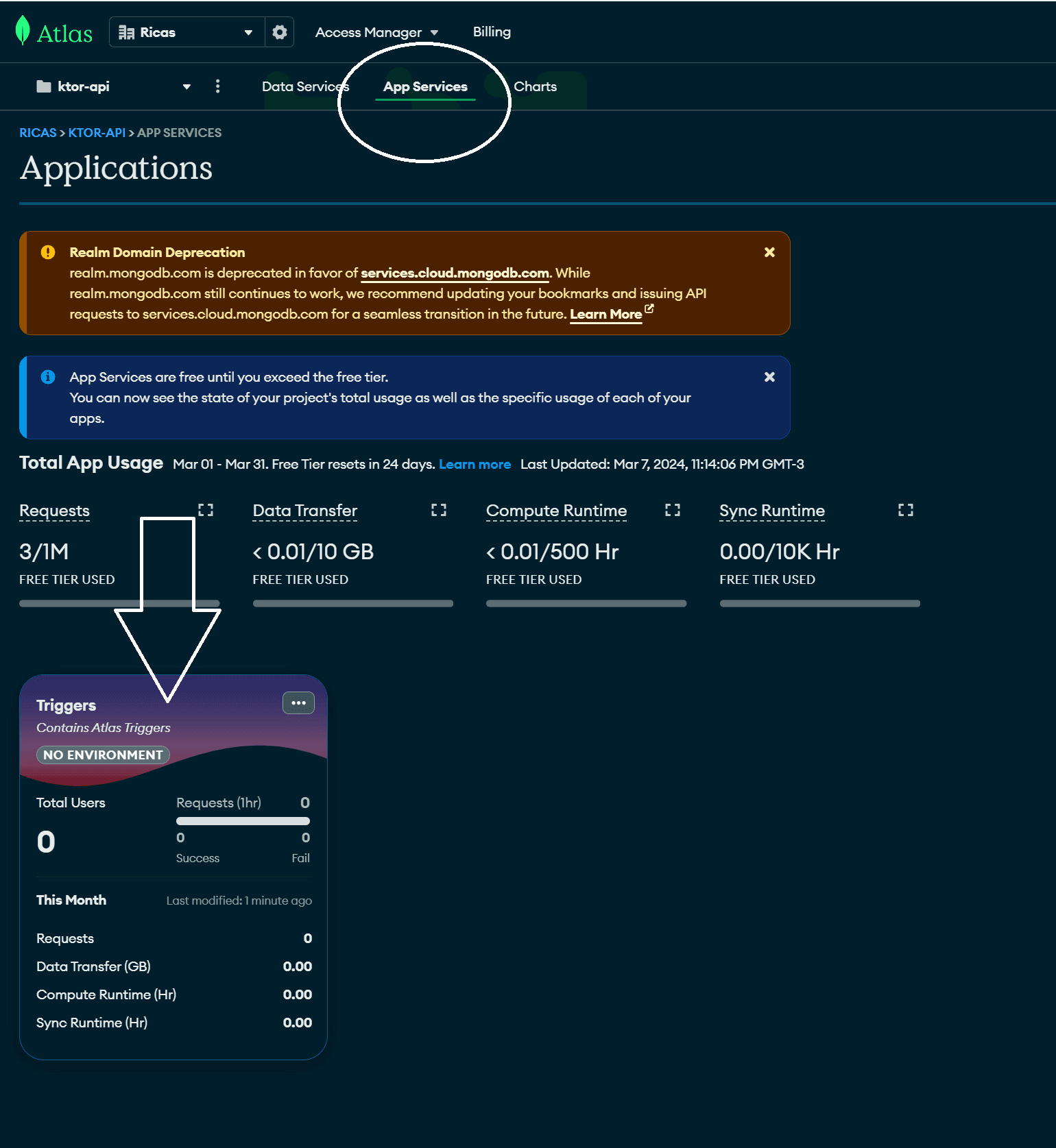 Selecionando trigger de serviço de aplicativo