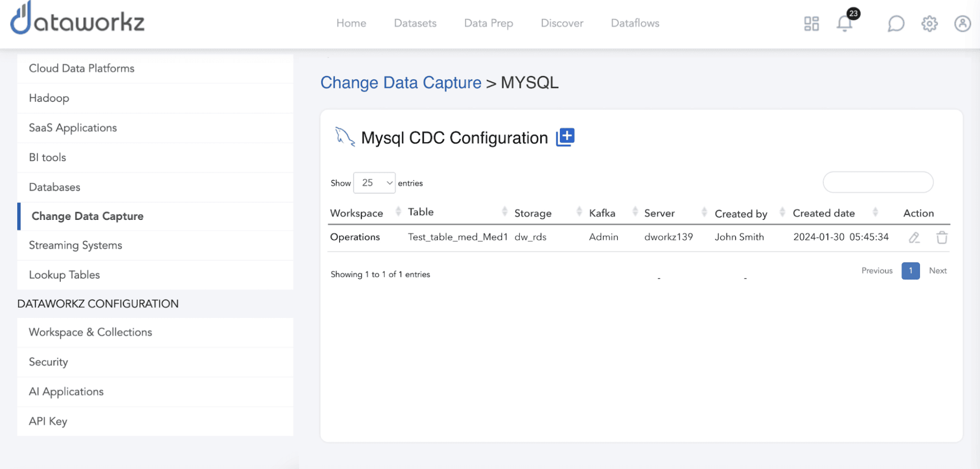 Configuração do Dataworkz MySQL CDC aparecendo na lista