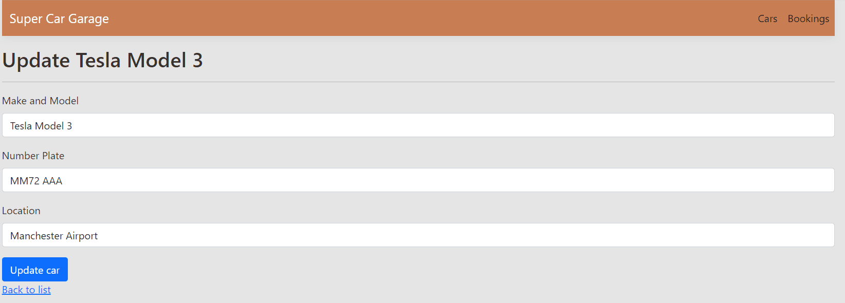 Form for updating a specific vehicle