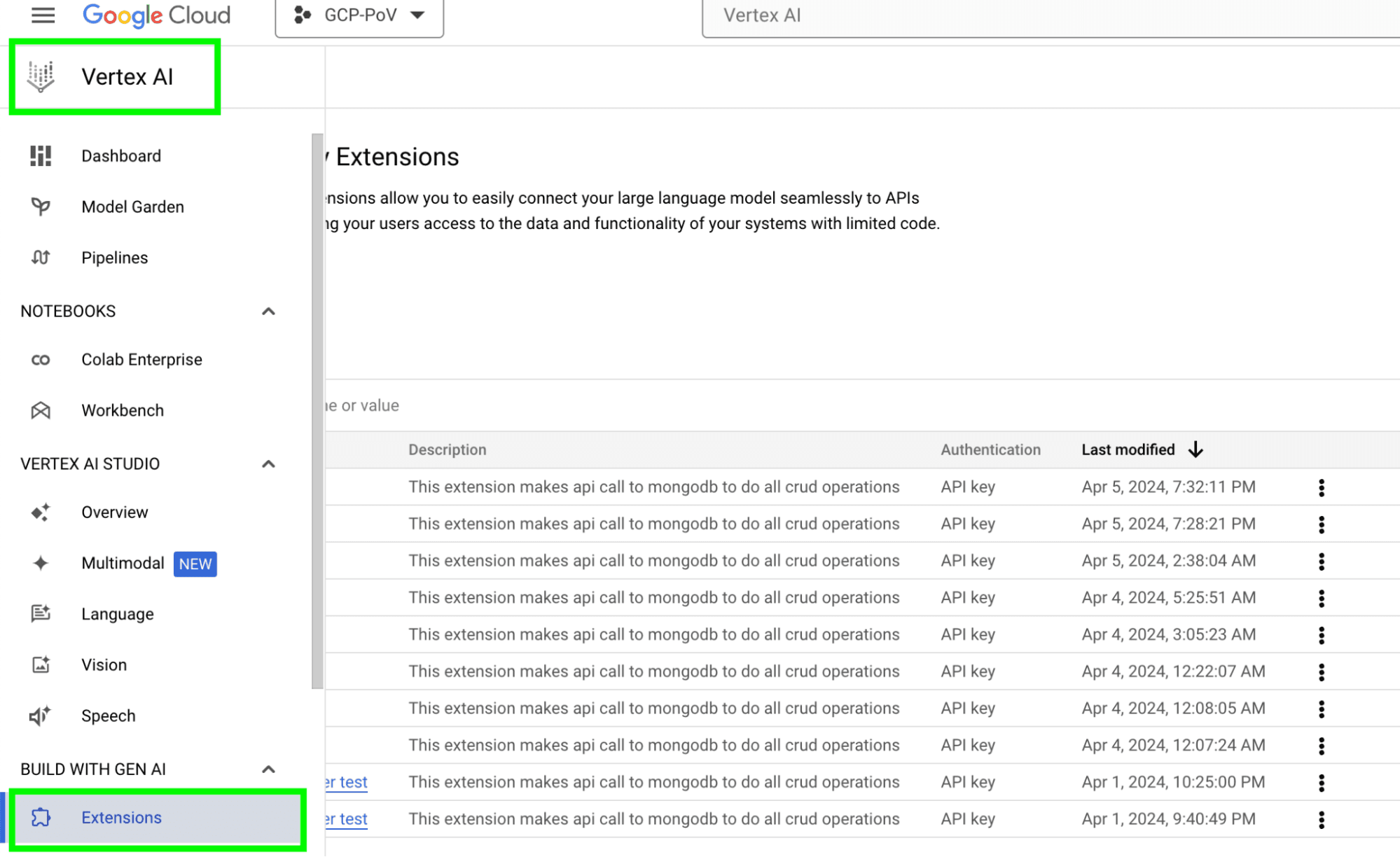 Navegando até as extensões da Vertex AI