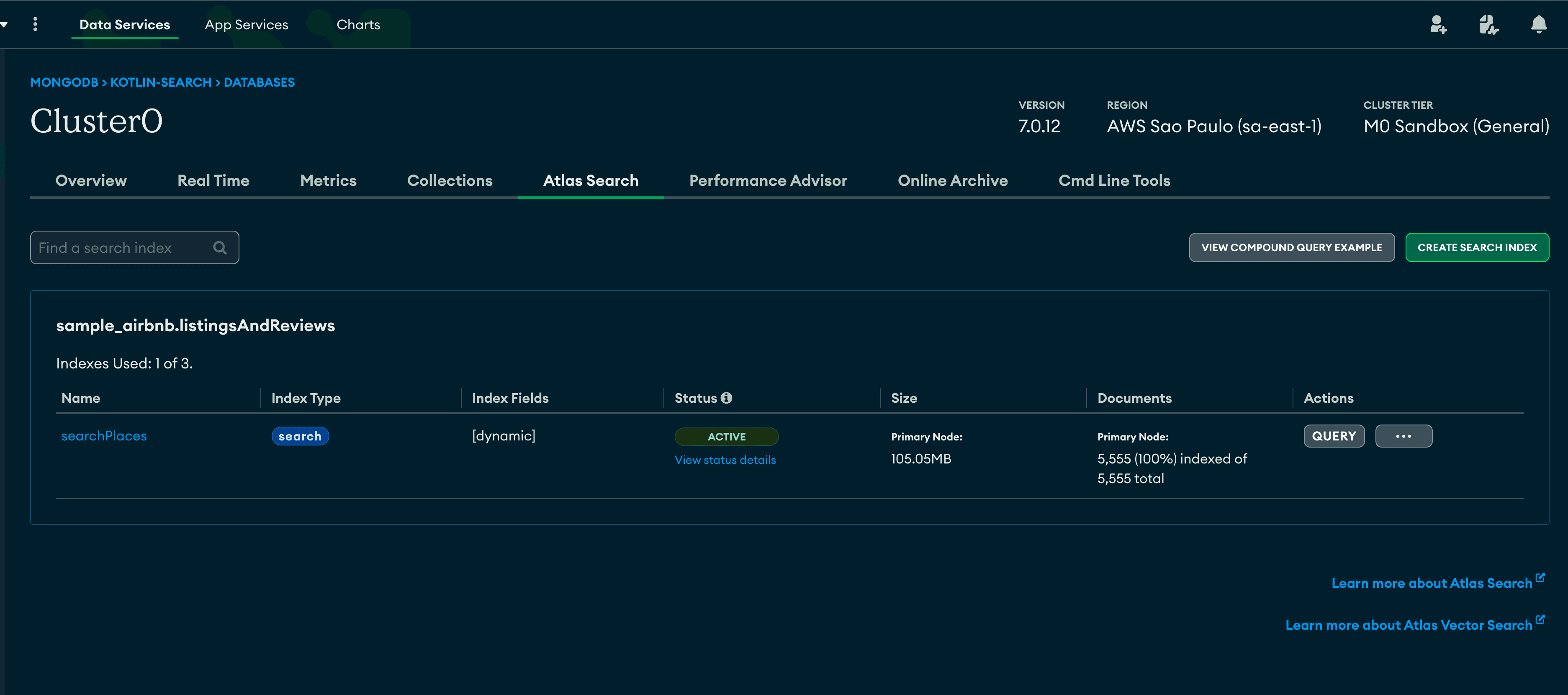 Captura de tela demonstrando o Índice de Atlas Search criado