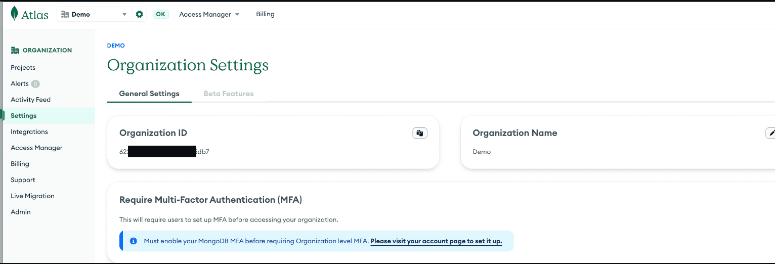 ID da organização no MongoDB Atlas