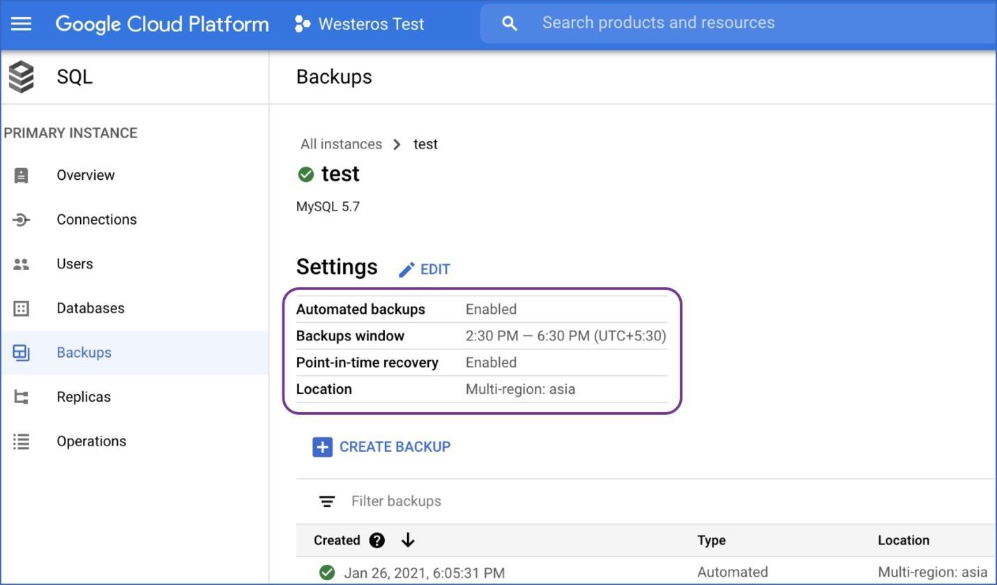 Configurações de backup do GCP