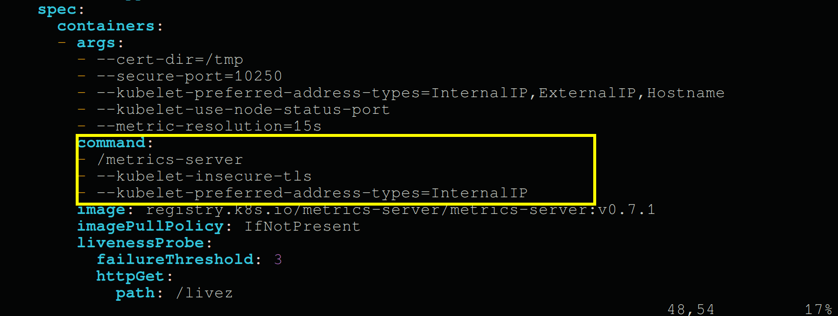 Adding commands to bypass TLS verification for Metrics Server