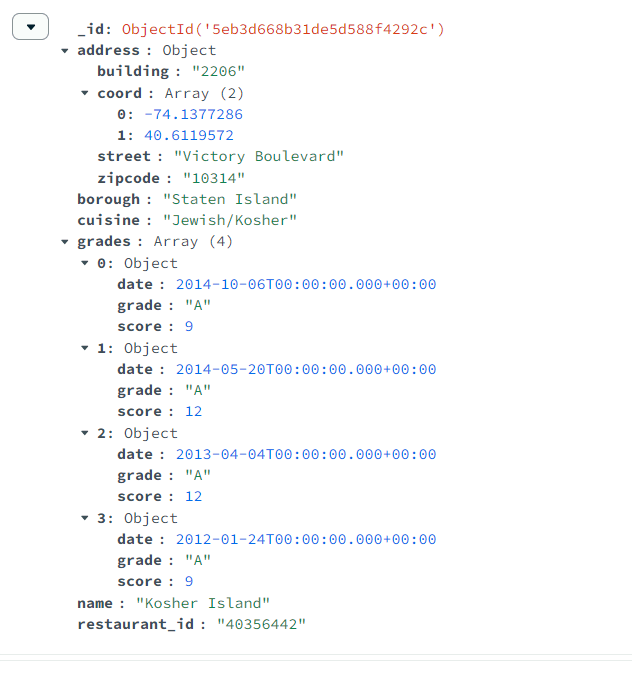 One of the restaurant documents in the sample dataset showing the different field types including embedded documents and arrays of embedded documents