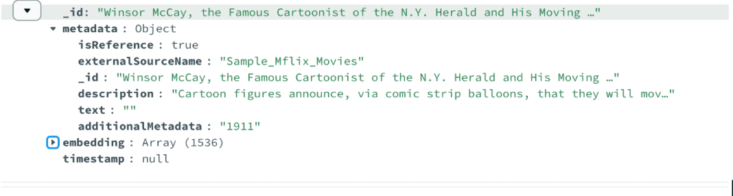 Example document showing the metadata object and embedding field generated by Semantic Kernel