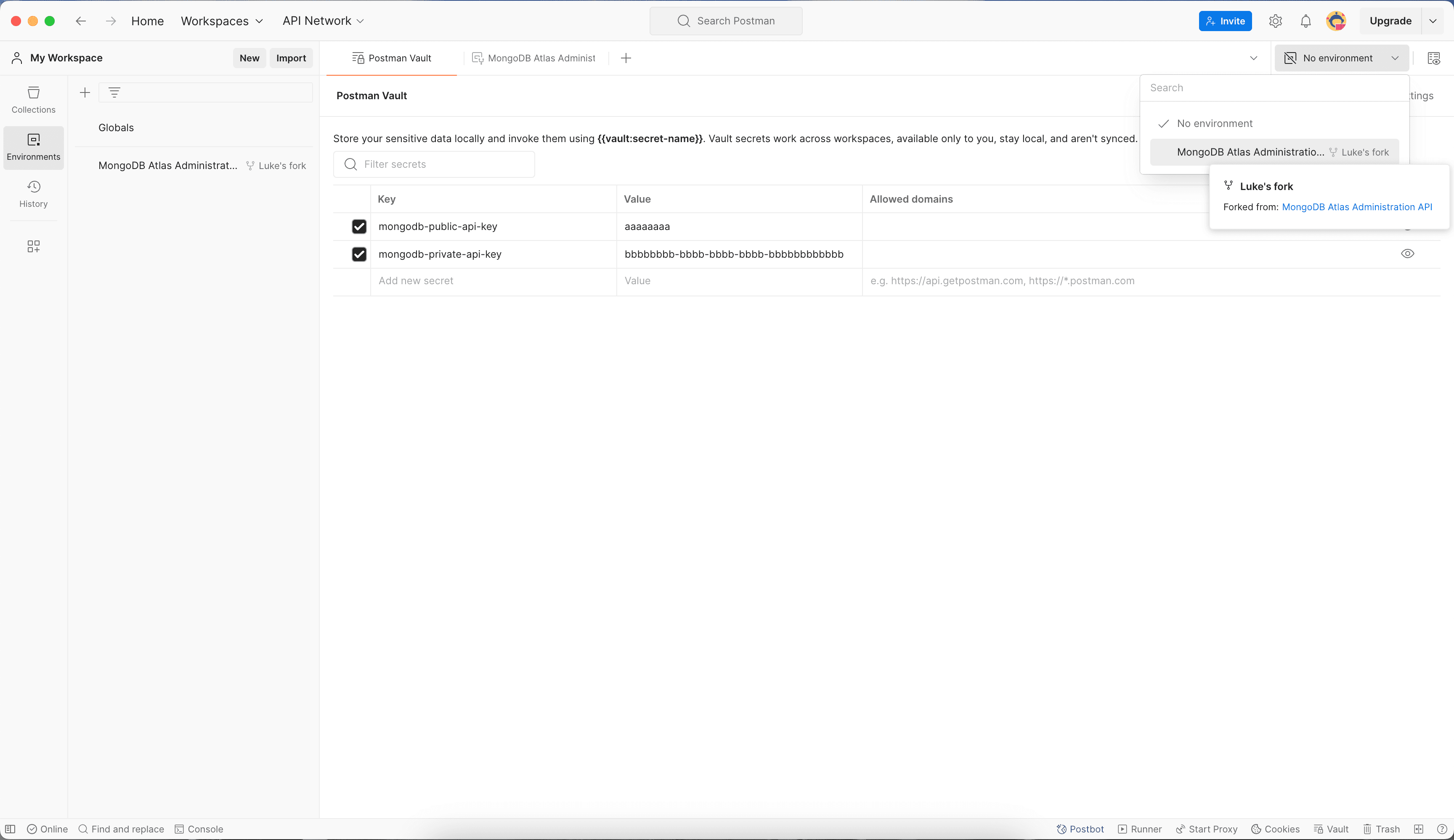 Screenshot of the Postman Vault screen. Two secrets have been added called 'public-api-key' and 'private-api-key'. The user is also selecting the MongoDB Atlas Administration API Environment as the active environment.