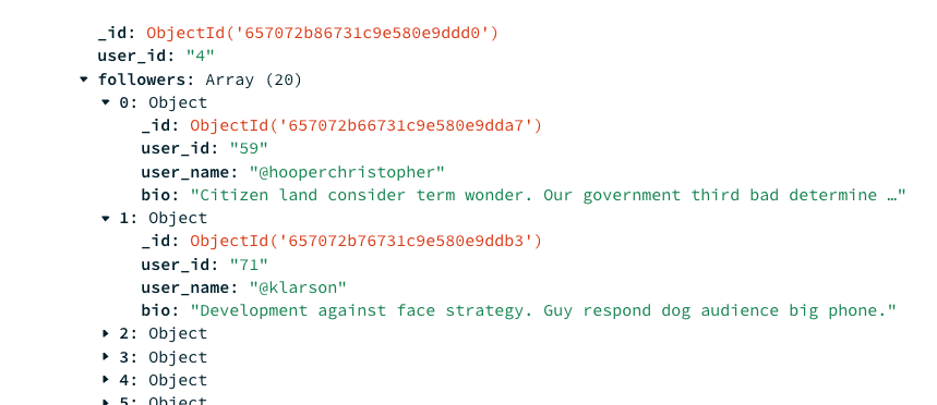 Um documento contendo um campo " followers " que contém mais alguns seguidores para o usuário com " user_id " de "4"