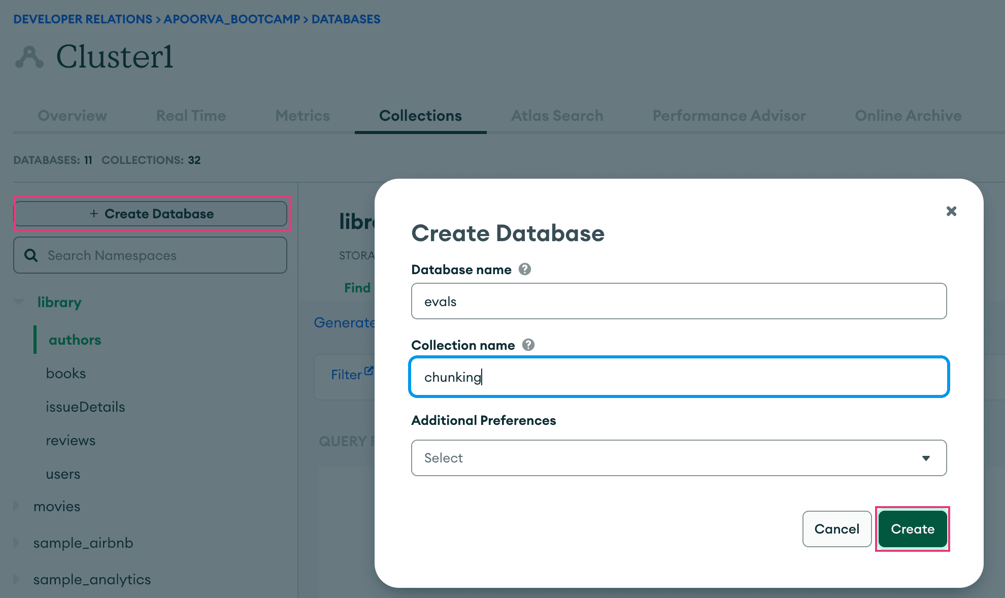 Creating a database in the MongoDB Atlas UI
