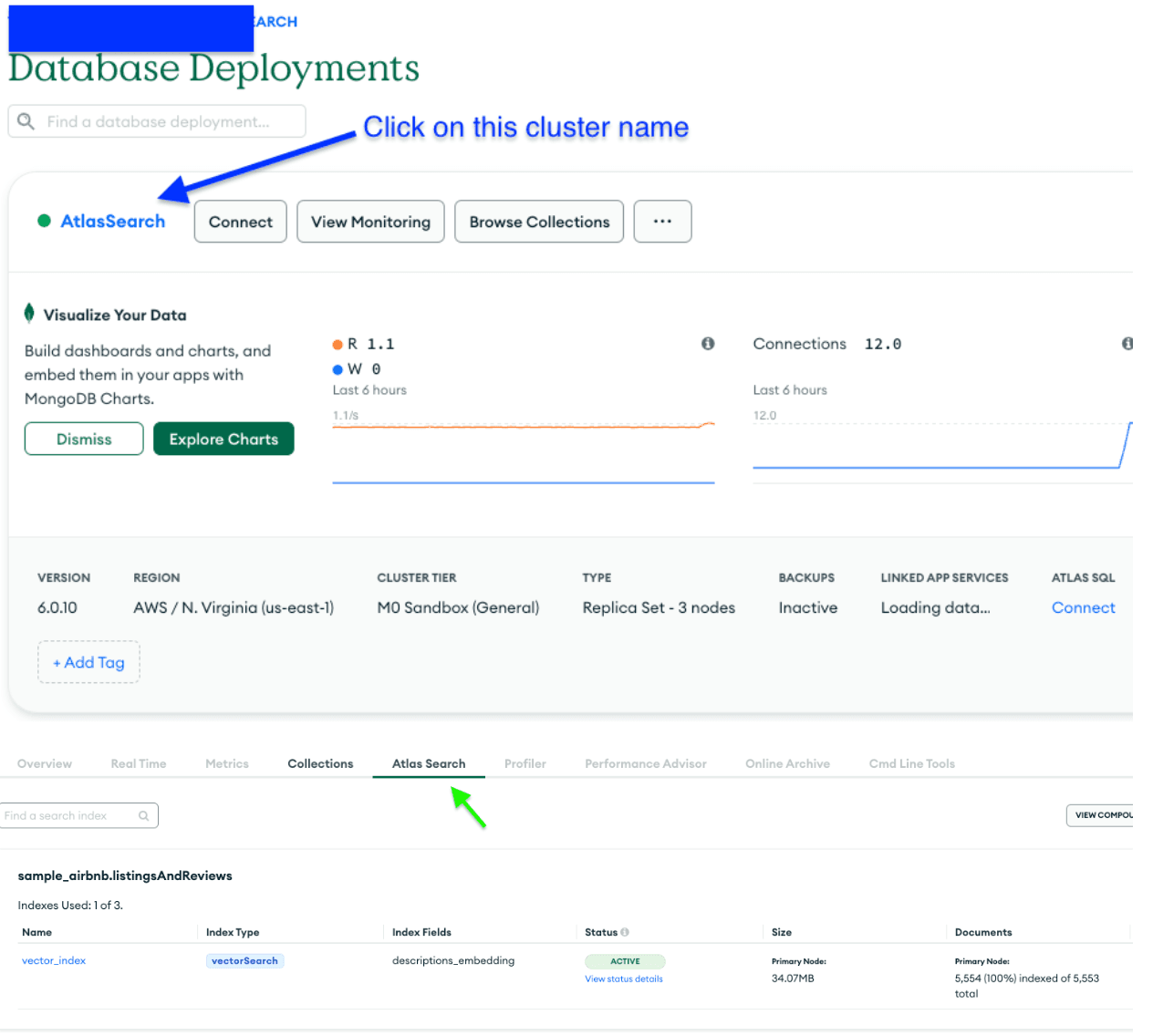 (click on Atlas search tab inside cluster)