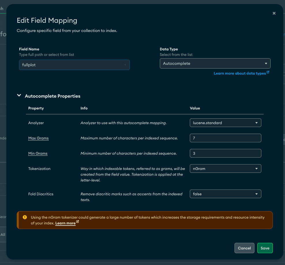 Screenshot representing Atlas UI to create autocomplete field mapping and tokenisation