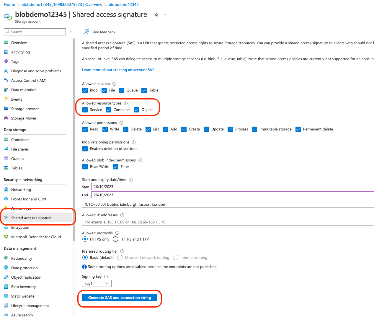 Tela da conta de armazenamento do portal Microsoft exibindo a página de assinatura de acesso compartilhado e onde localizar o SAS gerado e a string de conexão