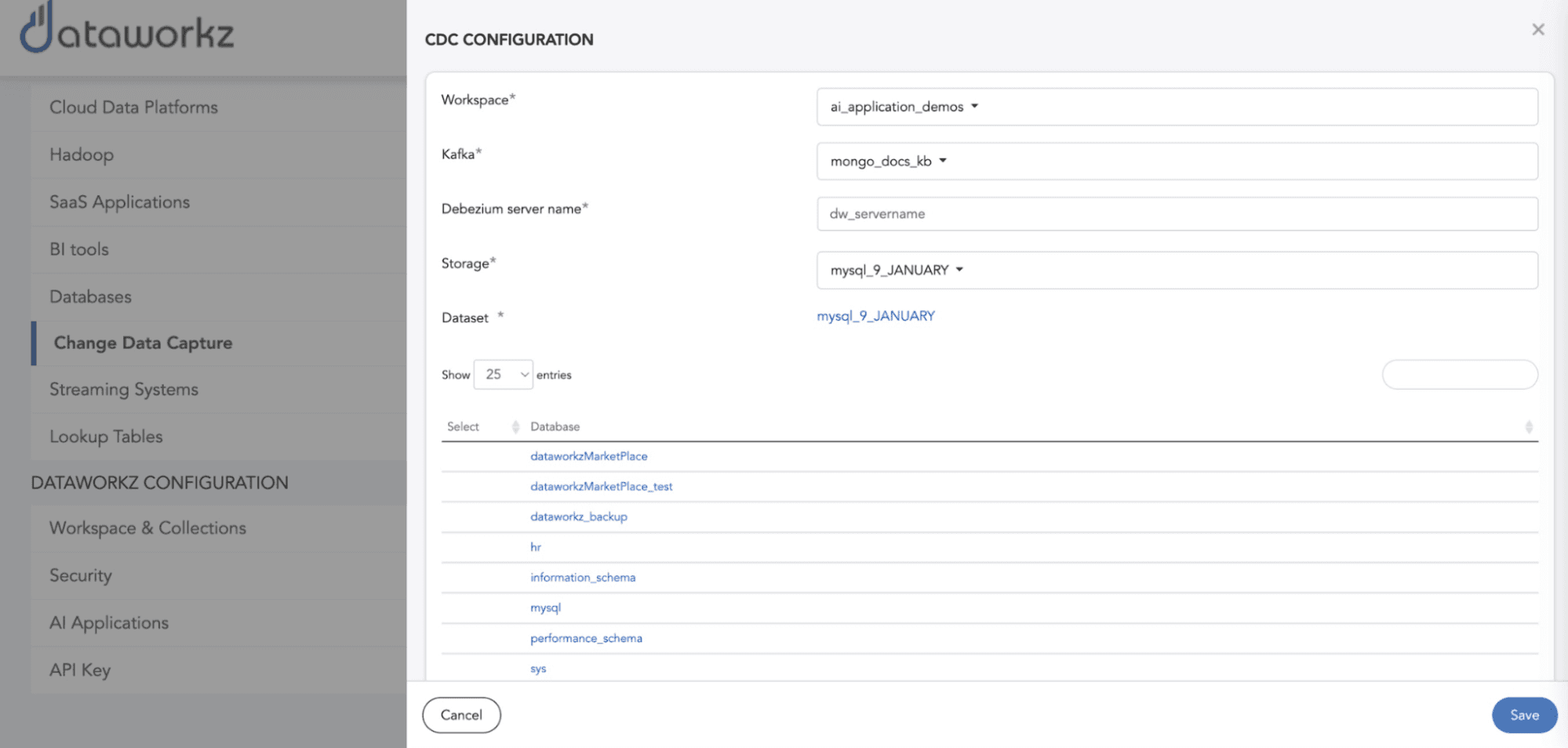 Tela de configuração do Dataworkz CDC