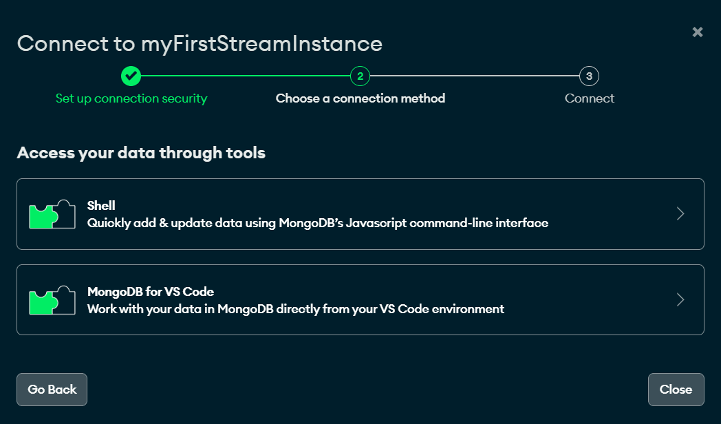 Screenshot of Atlas UI showcasing connection to MongoDB Shell and MongoDB VSCode