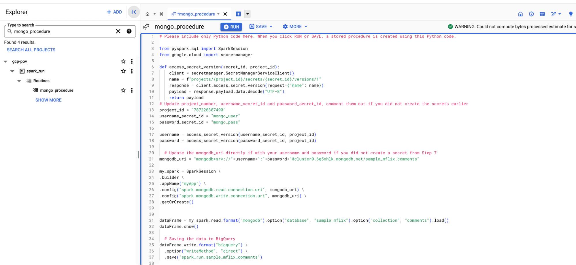 Procedimento armazenado no Google BigQuery Explorer