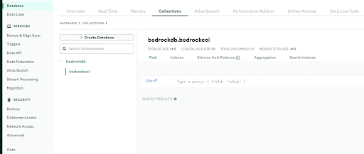 A captura de tela mostra a navegação ao criar um banco de dados no MongoDB Atlas.