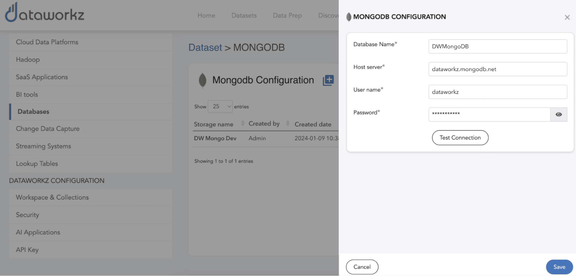 Tela de configuração do MongoDB no Dataworkz