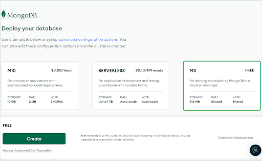 tela de implantação do Mongo Atlas