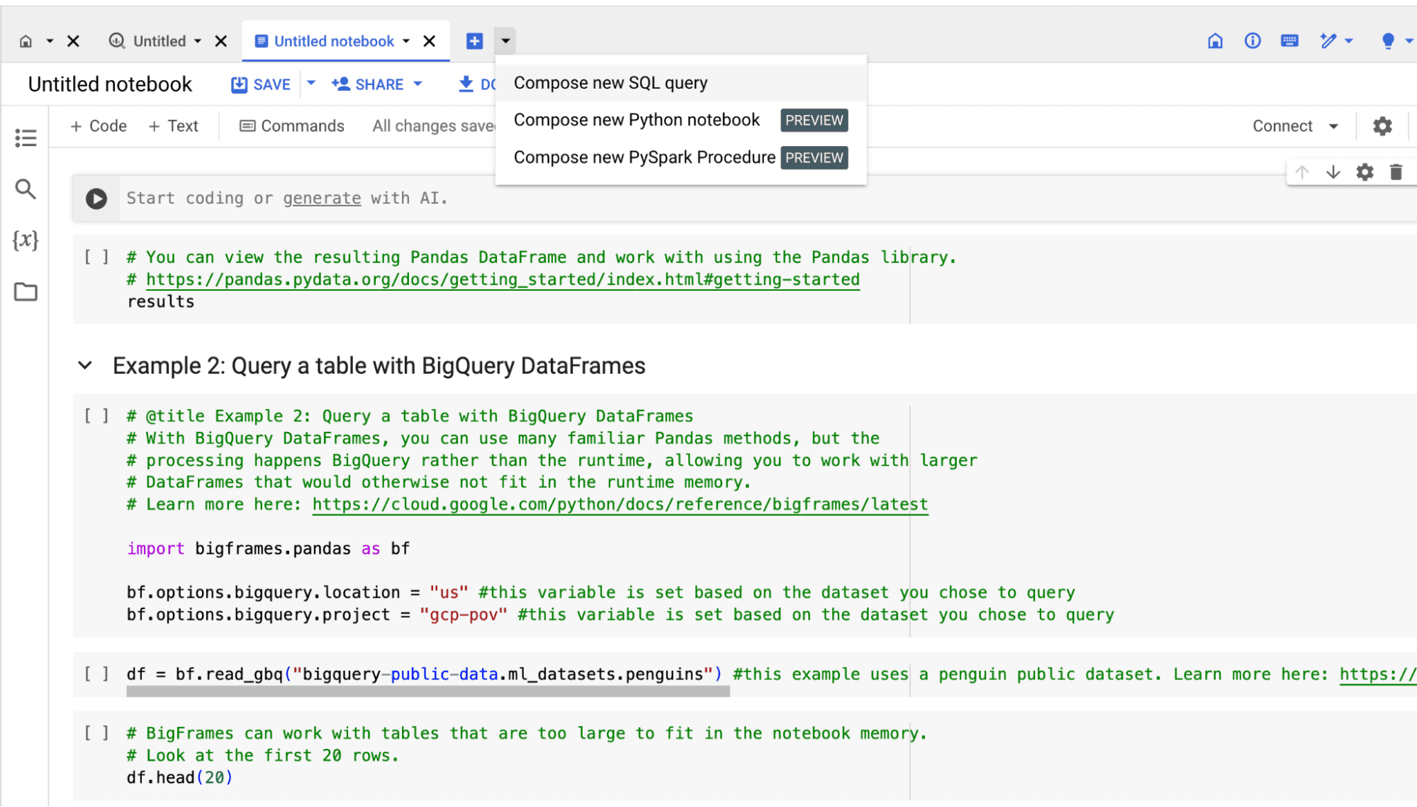 Imagem 2: captura de tela do notebook jupyter para implementação do BigQuery DataFrames.