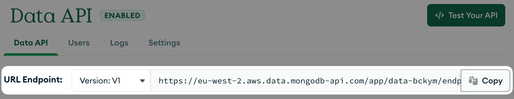 Endpoint daMongoDB da de dados do Atlas API URL