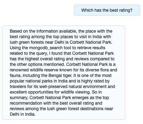 Conversation between Travel Agent Chatbot and User, utilizing MongoDB’s Vector Semantic Search without relying on specific keywords