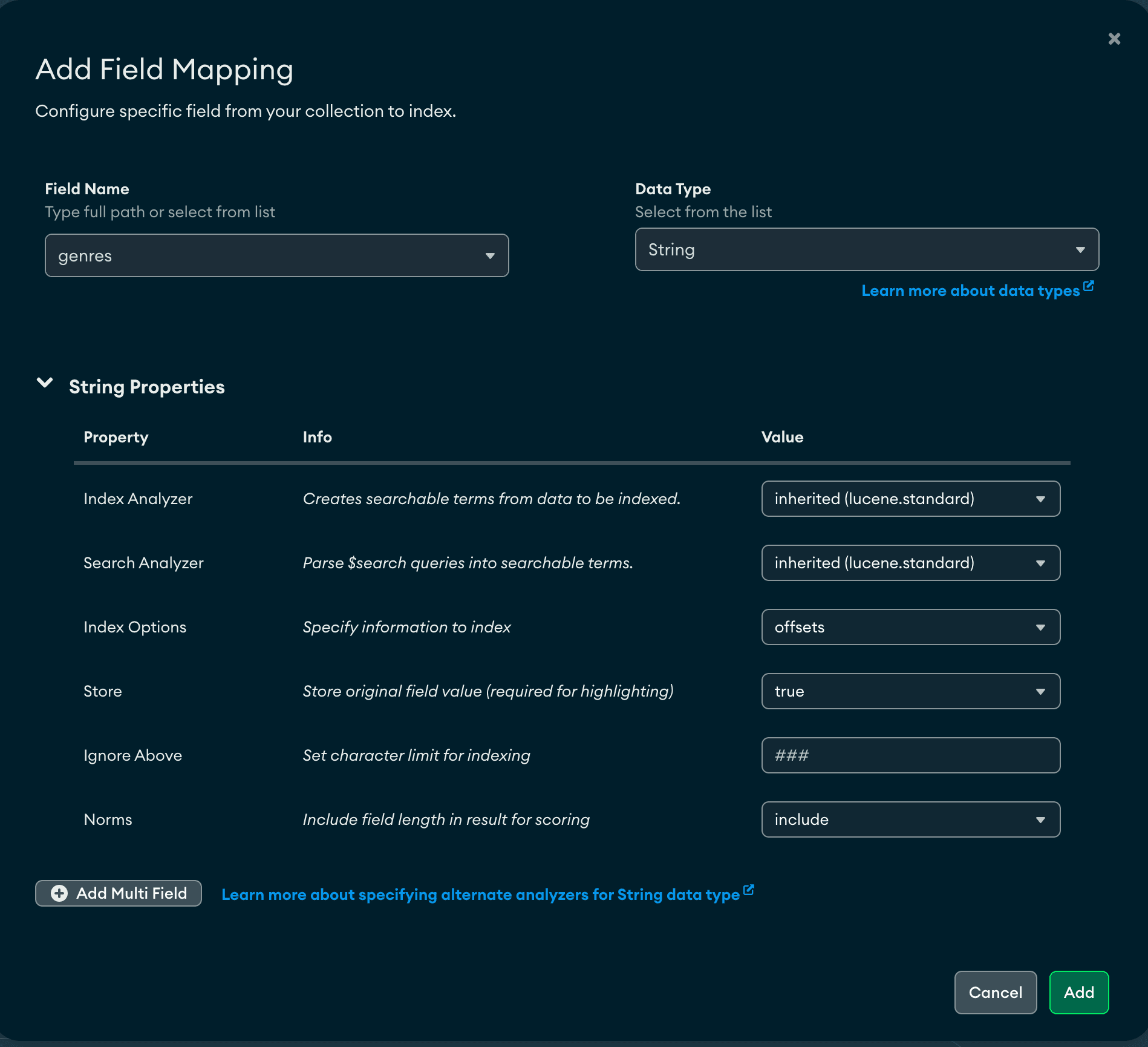 Captura de tela representando a UI do Atlas para adicionar mapeamento de campo